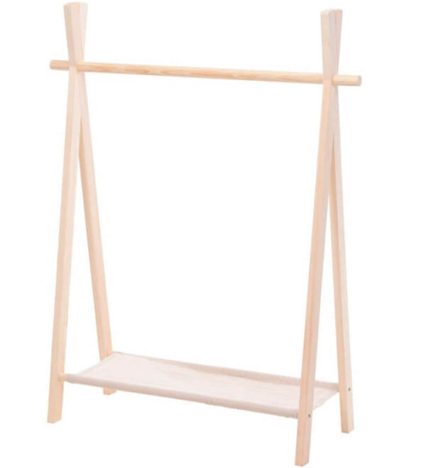 Where storage and style meet  This tipi-style clothing and shoe rack is suitable for any room with a natural and timeless Pinewood design. Featuring a Pinewood bar for hanging clothes and a Bamboo shelf for shoes, this compact and stylish portable closet will accentuate any room. The size of this rack makes it perfect for a nursery or children's room and it will serve as the perfect hanging storage for towels and blankets.