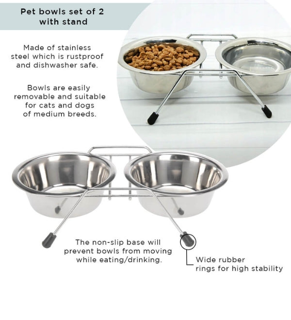 The raised and noise-free double-diner feeding unit!  With rubber covers on each leg, you can be assured your floors will be safe from scratches and that your pets can eat and drink without the noise of their bowls skidding across the floor. The elevation of this unit allows for better food and water digestion for your pets and will prevent ants and other pests from invading your pet's food and water. made from stainless steel, these bowls are veterinarian recommended and rust-resistant. 