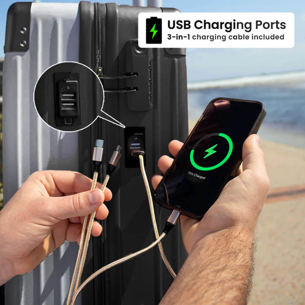 Close-up feature image of the Berlin luggageβs built-in USB charging port, integrated into the shell near the handleβdesigned for convenient on-the-go device charging during travel