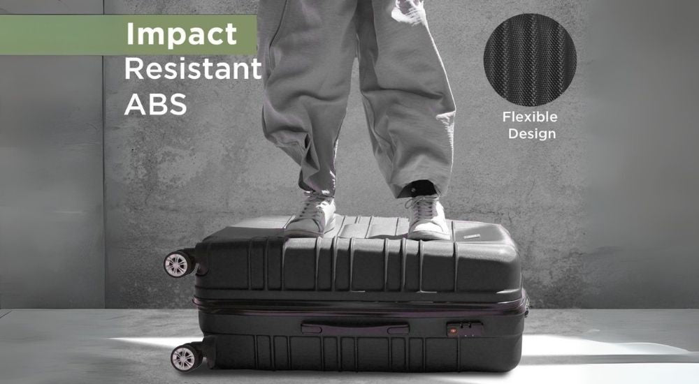 Feature highlight image of the Milan Impact carry-on, focusing on its structured ABS shell and eco-friendly build in a clean studio setup