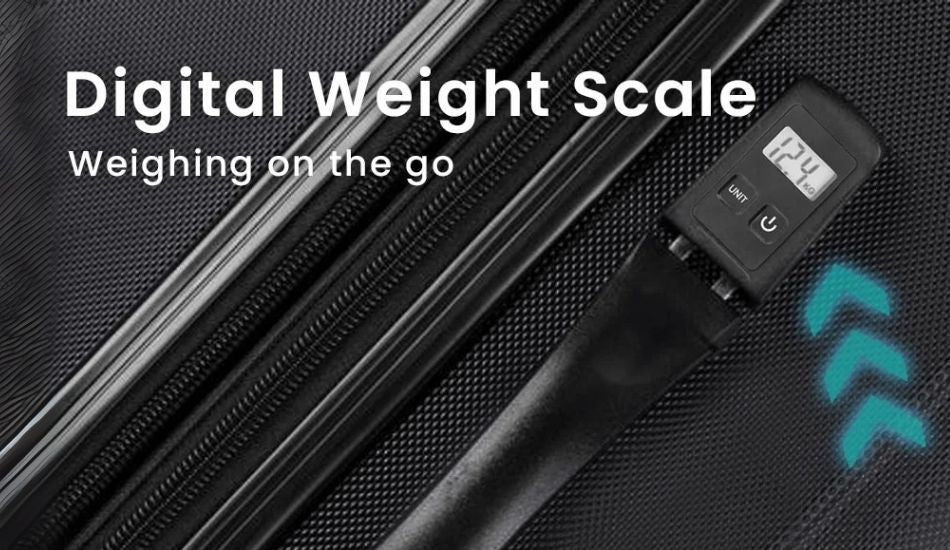 Close-up feature image of the Paris luggage’s built-in weight scale, integrated into the top handle—designed to display packed weight instantly and help travelers avoid excess baggage fees with smart, on-the-go monitoring
