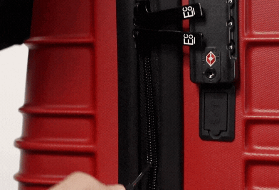 GIF showing anti-theft zipper mechanism on Santorini eco-friendly luggage β feature animation 01