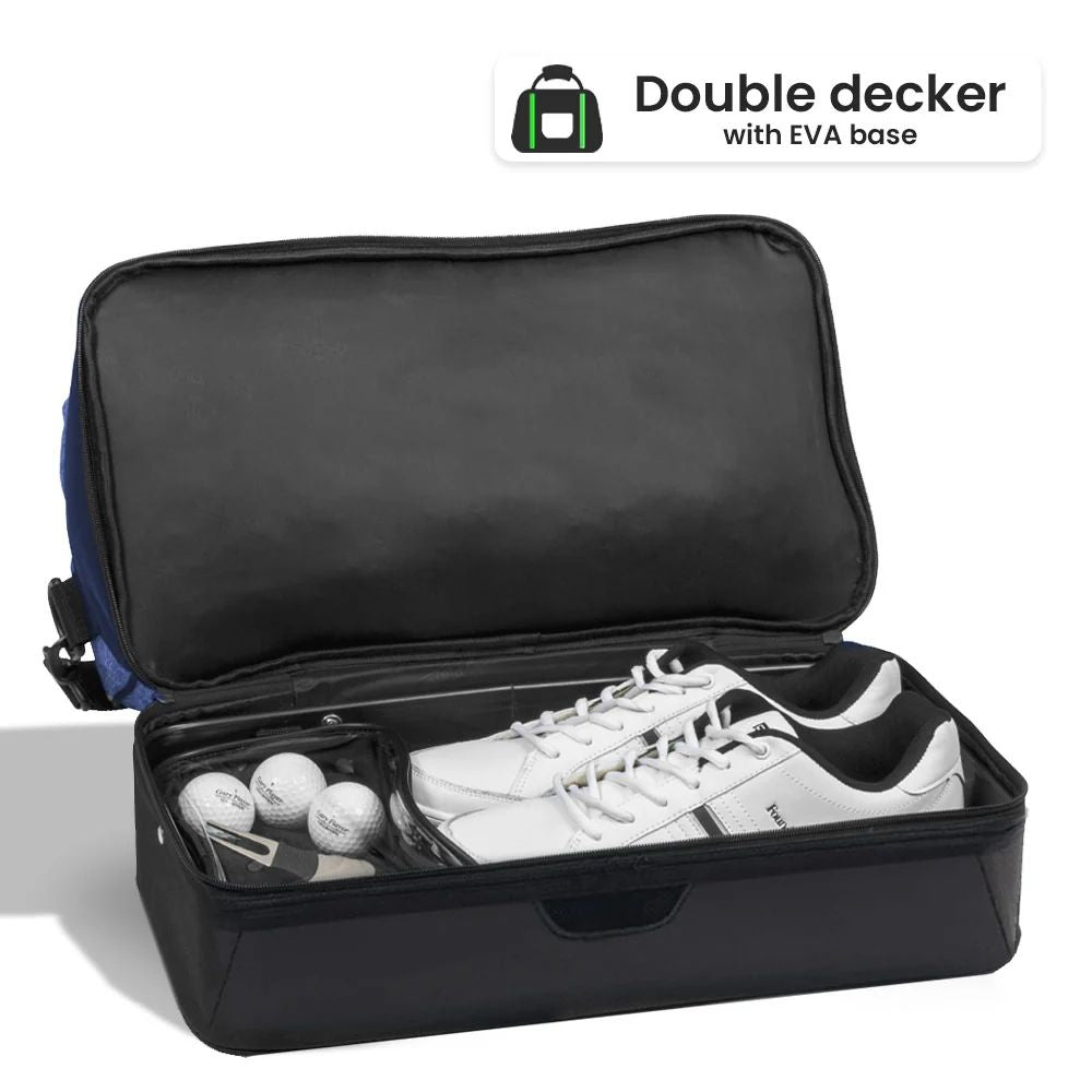 Lifestyle image of the TDB01 small duffel bag with shoes neatly stored in the lower EVA base compartment, showcasing its functional two-tier design for organized packing and separation of gear
