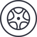 Outlined Wheel Icon – line-style graphic representing smooth-rolling wheels or mobility features on eco-friendly luggage