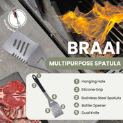 Braai Spatula with Dual Knives & Bottle Opener - Stainless Steel