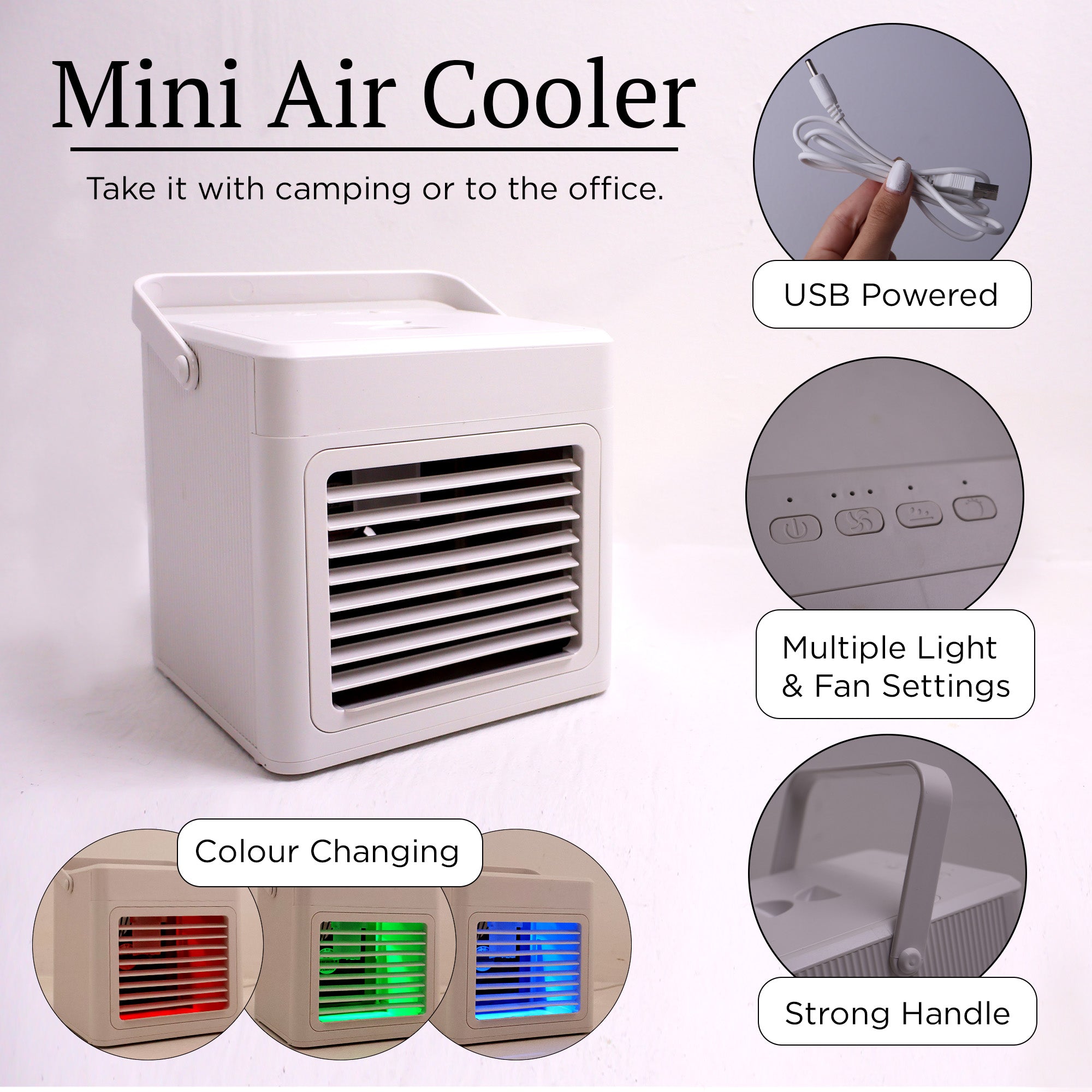 Desktop Air Conditioner with 3-Speed, 7-Color LED Lights and USB-Powered