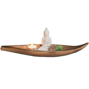 Zen Garden Set with Buddha Statue in Wooden Canoe for Meditation