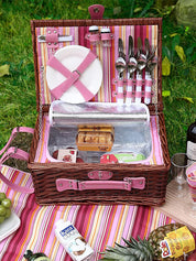Wicker Picnic Basket with Cooler Bag for 4 people - Pink Design