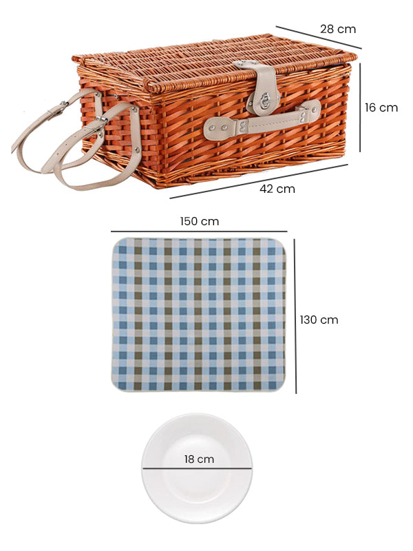 Wicker Picnic Basket with Cooler Bag for 4 People - Blue Design