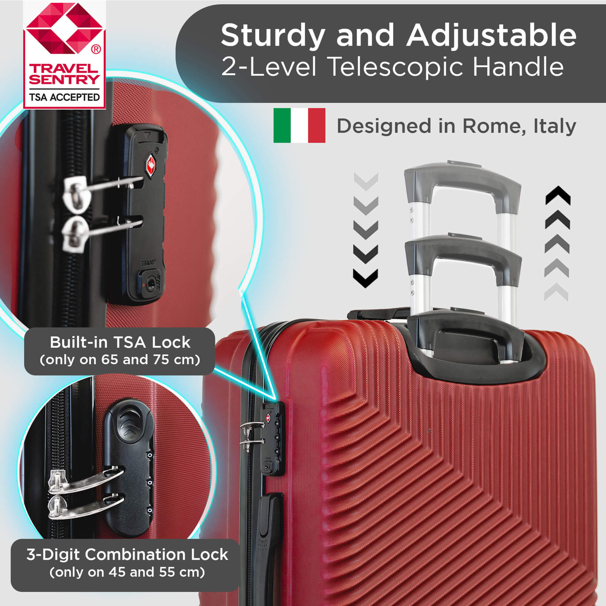 Ensemble de valises rigides sur roues pivotantes à 360° avec cadenas TSA - Roma Design