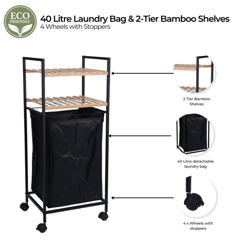 Organizador de estantes de baño - Estantes de bambú y cesto de ropa con ruedas - 40L