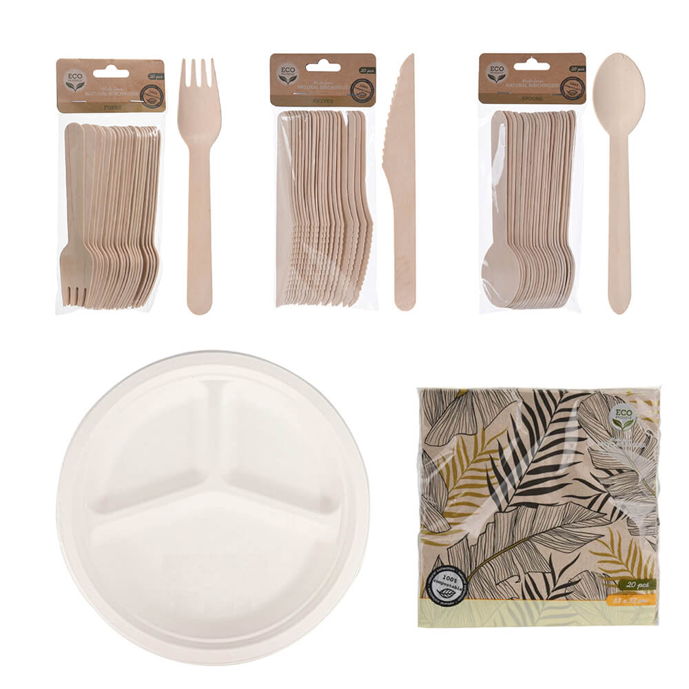 Birchwood Tableware Party Pack - Cutlery, Serviettes, and Plates - 96 Pieces