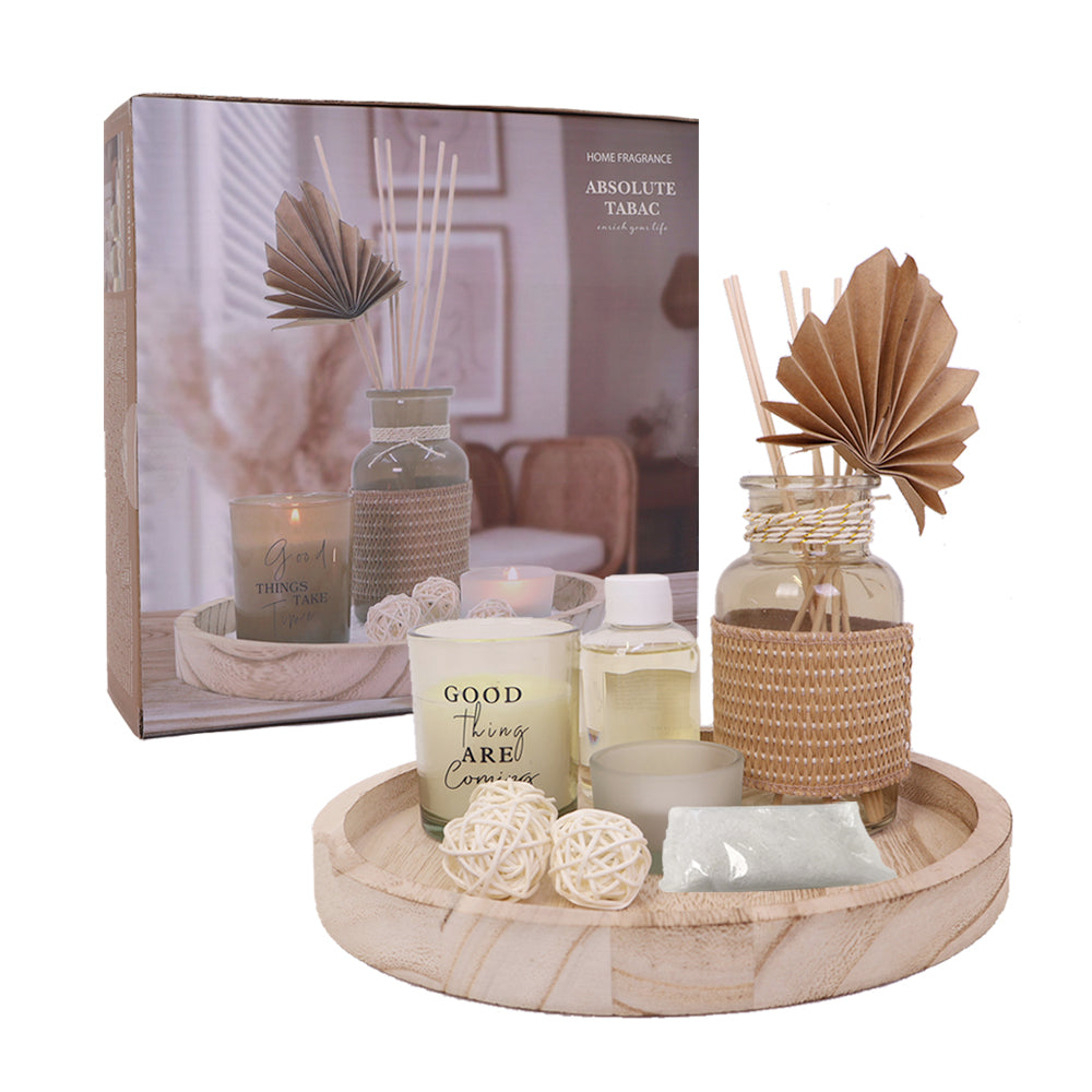 Aroma Gift Set with Glass Diffuser, Rattan Balls & Sticks, Scented Candles and Wooden Tray