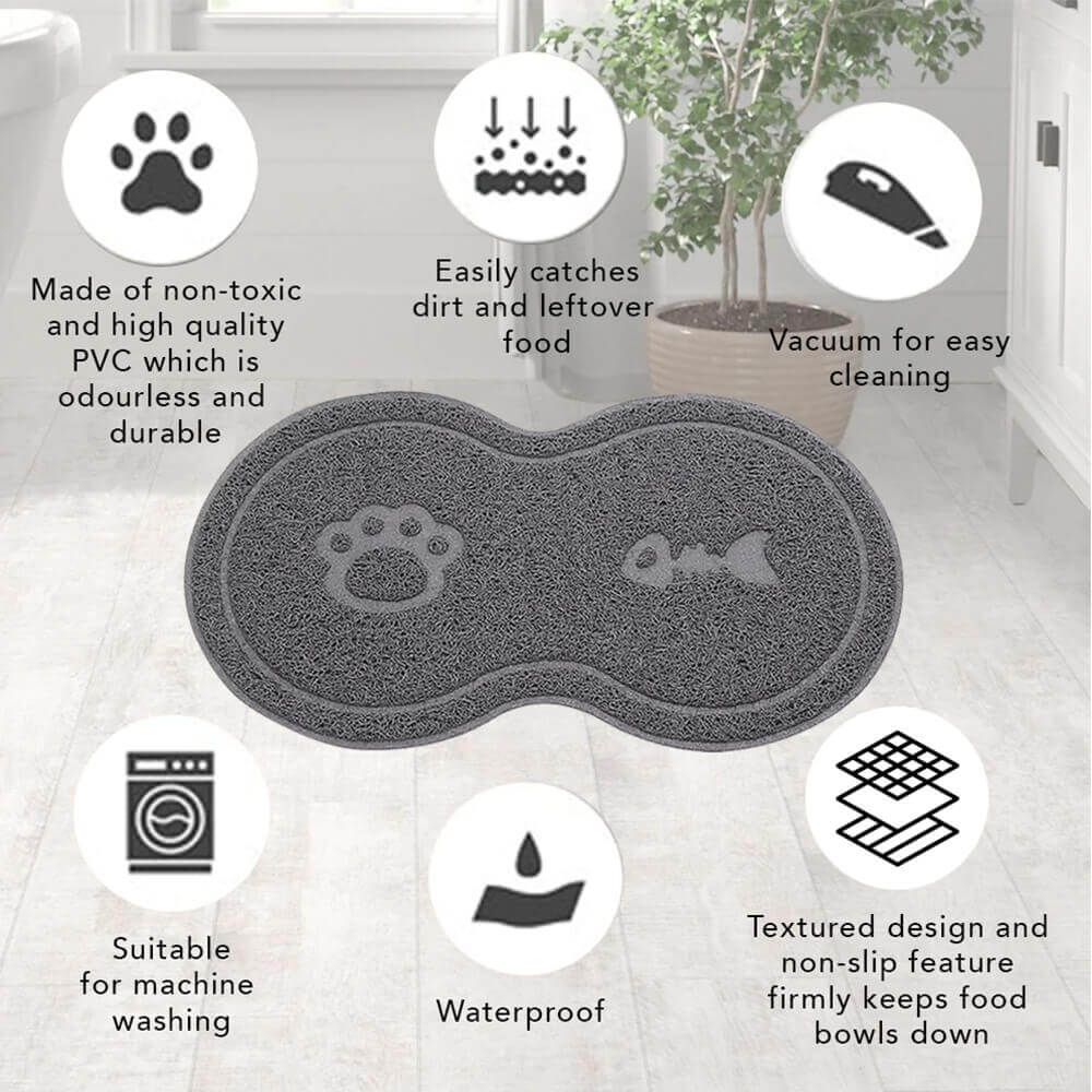 Spill-Proof, Noise-Free and Non-Slip feeding unit  This double-feeding unit is elevated for improved digestion for your pets whilst the non-slip mat prevents the unit from skidding and catches spillage before it falls on the floor. The elevation of this unit also prevents ants from invading your pet's food and water. The non-slip mat is odourless, waterproof and non-toxic, keeping your floors clean and your pets healthy.