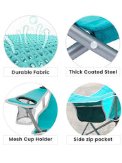  Foldable Camping Chair This sturdy outdoor chair with a cup holder is ideal for camping getaways, beach days, and at-home relaxing. Fold and unfold within seconds.  Features:  1 x cup holder. 1 x large side pocket. Capacity up to 80kg.