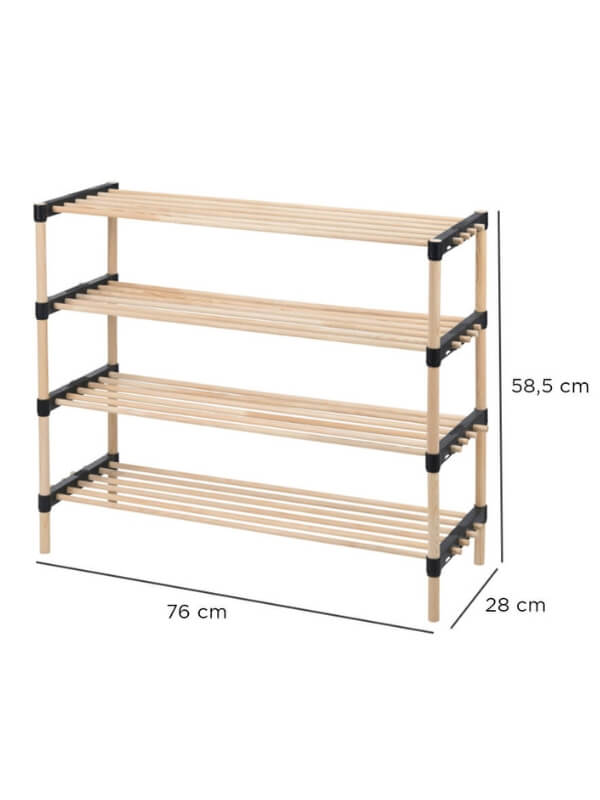 Natural Pinewood Shoe Rack with 4 Shelves