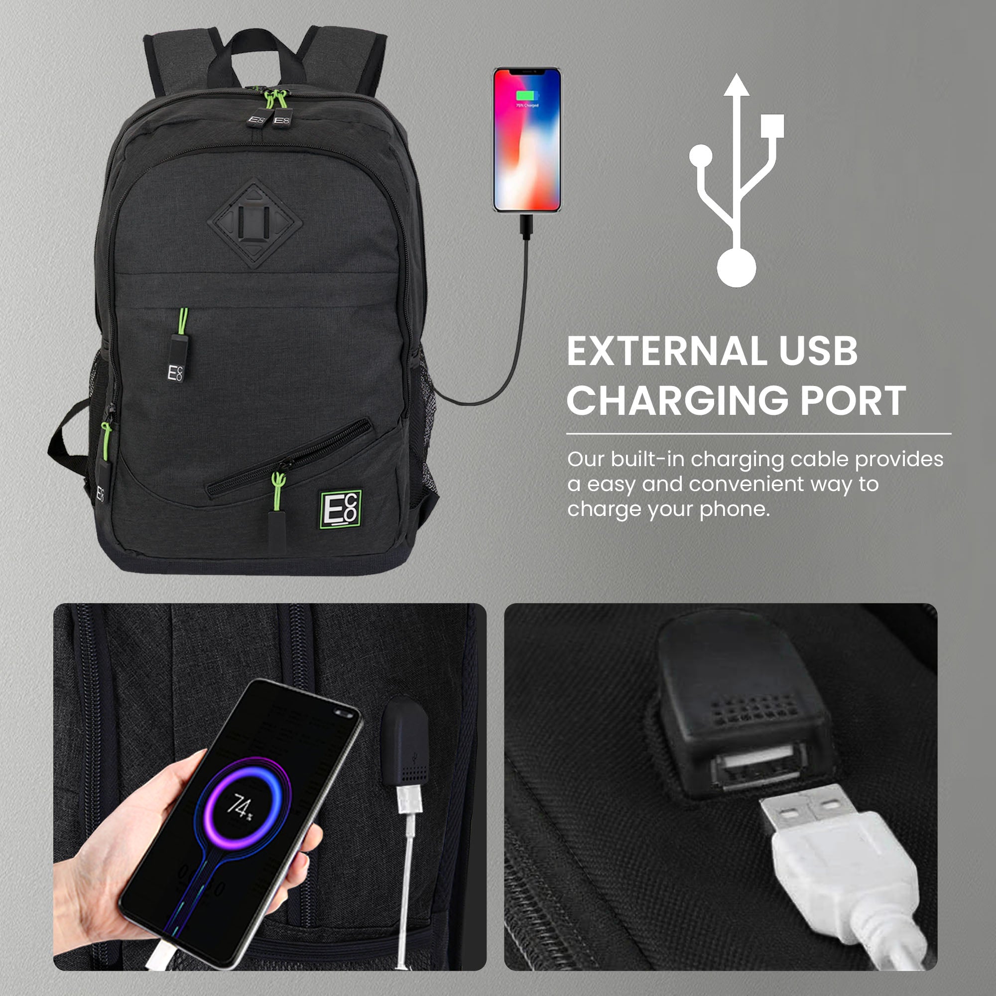 Sac à dos avec port USB pour ordinateur portable et téléphone