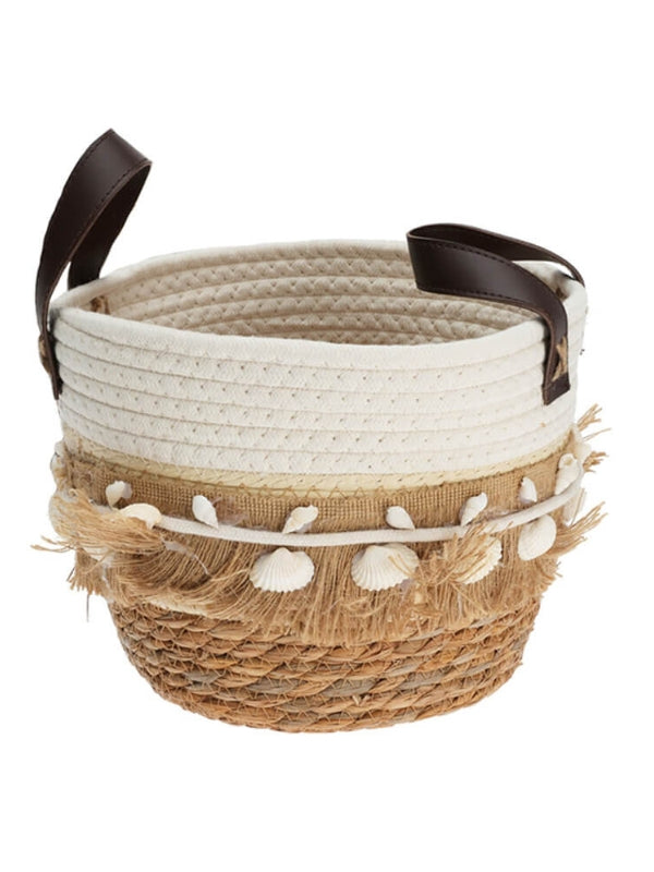 Natural Seagrass Basket with Cotton Handles and Sea Shells