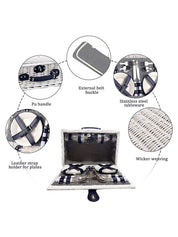 Wicker Picnic Basket with Foldable Picnic Blanket for 4-Person - Navy Lines Design