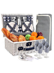 Wicker Picnic Basket with Foldable Picnic Blanket for 4-Person - Navy Lines Design