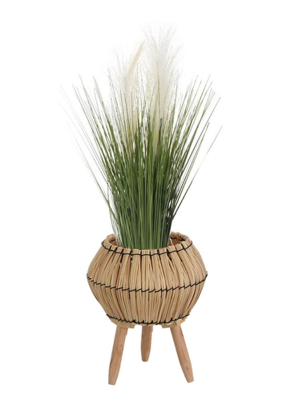 Césped artificial en cesta de pie de madera natural