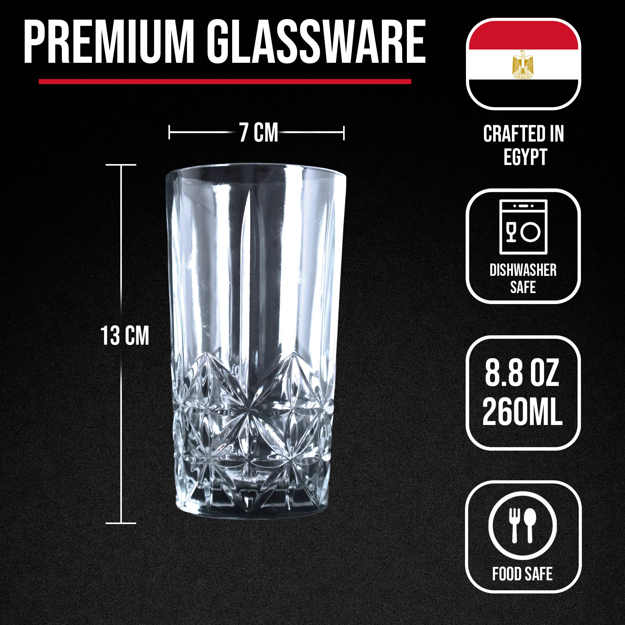 Diamond Cut Highball Drinking Glasses - 260ml - Set of 4