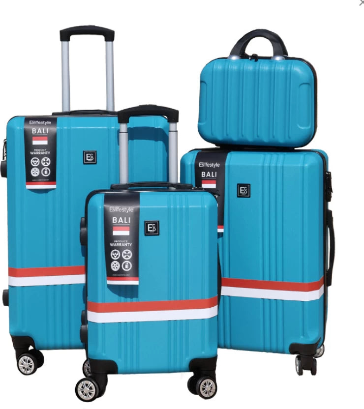 Set of blue suitcases with visible brand logo on a white background