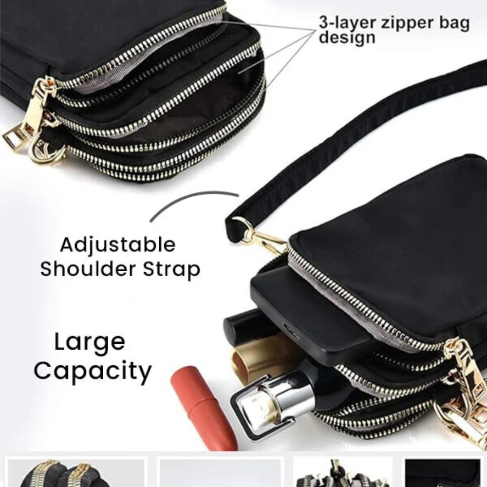 Lifestyle image of the Crossbody Shoulder Bag slung over a suitcase handle in transit, highlighting its compatibility with modern travel routines and minimalist design