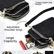 Lifestyle image of the Crossbody Shoulder Bag slung over a suitcase handle in transit, highlighting its compatibility with modern travel routines and minimalist design