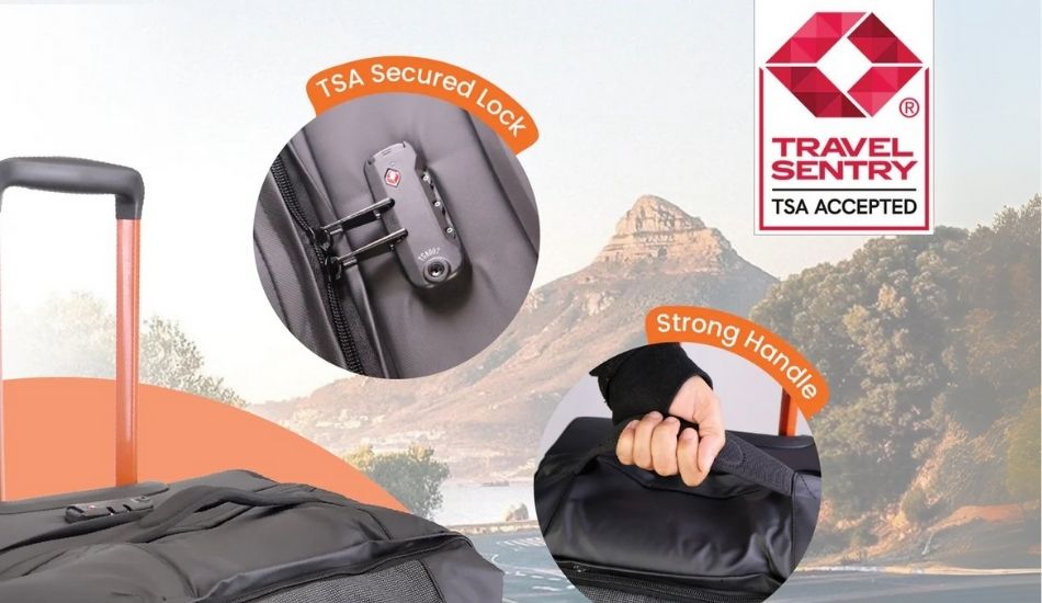 Close-up of TSA-approved lock on eco luggage, shown in a studio setting as a secure travel feature
