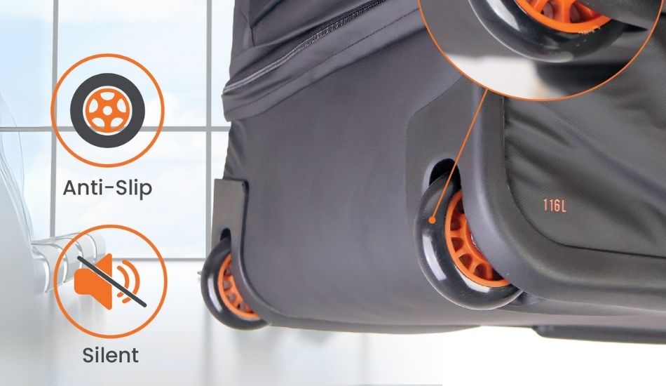 Close-up of the Dallas luggage wheels, highlighting smooth-rolling design in a clean studio setting for eco-conscious travel