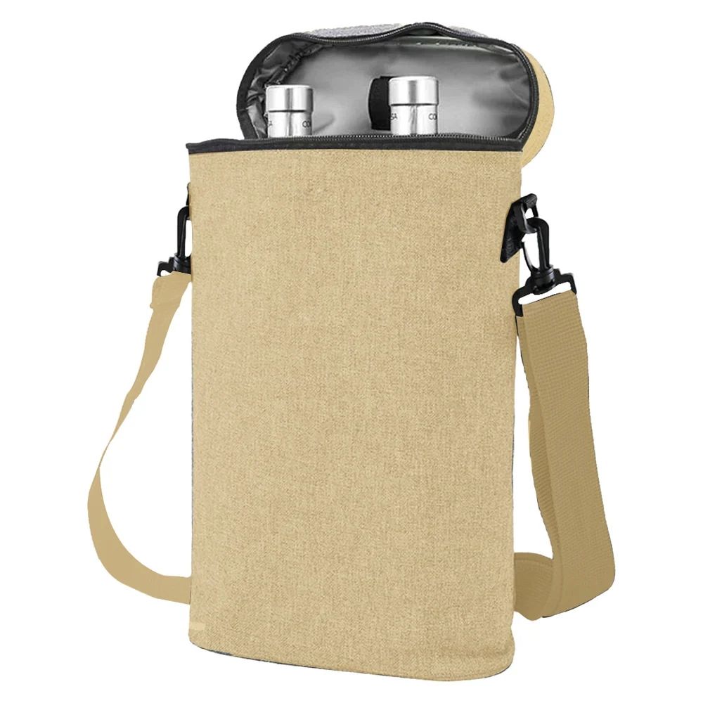 Studio image of the Beige Double Wine Cooler Bag shown upright with shoulder strap and zip closure—highlighting its clean, insulated design and neutral tone for elegant, eco-conscious wine transport