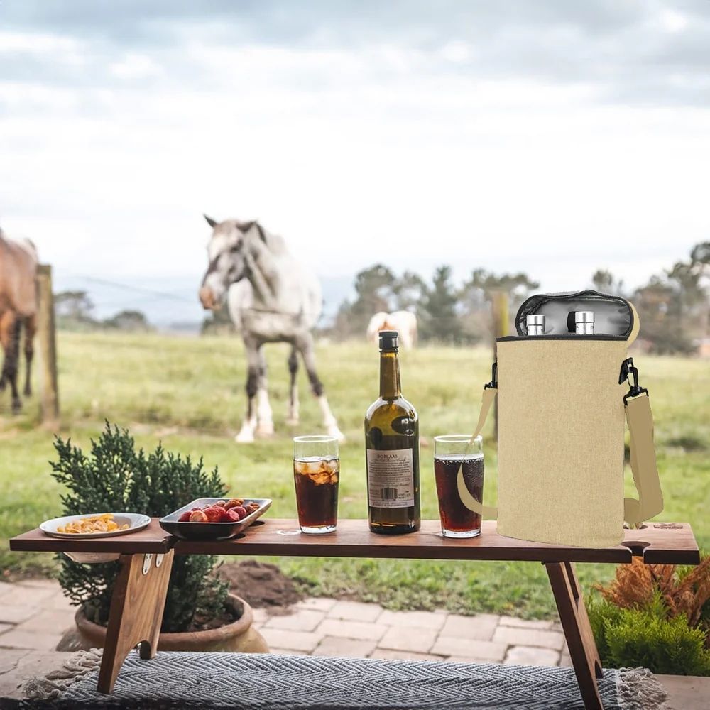 Outdoor lifestyle image featuring the double wine cooler bag placed beside a picnic setup—highlighting its elegant design, portability, and ability to keep wine bottles cool and protected during alfresco moments
