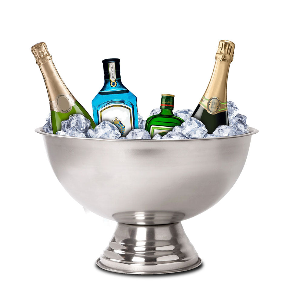 Matt finish stainless steel Champange ice cooler bowl on foot from Netherlands is perfect for any party, bar, home bar, event and special occasion. It can be used to store ice with your beverages to cool down your drinks or as a punch bowl. It can fit 5 - 8 bottles. Large enough to store up to 4 litres. Size: 39 x 24cm. Eco lifestyle online shop