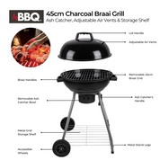 Barbecue Braai au charbon de bois avec attrape-cendres et bouches d'aération réglables - 45 cm