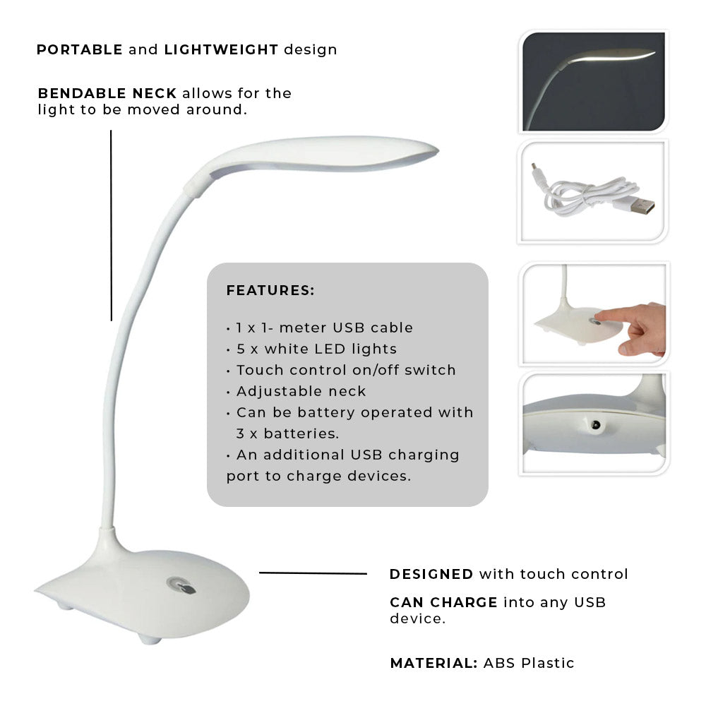 Lampe de Table Contrôle Tactile avec Câble USB 1M - 5 LED Blanches