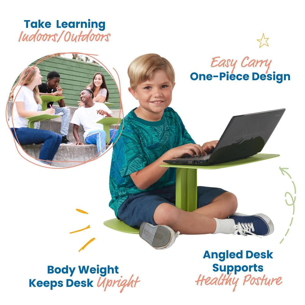 Eco lifestyle - Portable Flexible Laptop Desk with Seat and Slot Hole - DN-K-26 - Primary school boy using laptop desk to work on laptop and there are points saying it's easy carry, one-piece design, angled desk supports healthy posture, body weight keeps desk upright and there are uni students using the desks therefor you can use this item to take learning indoors and outdoors