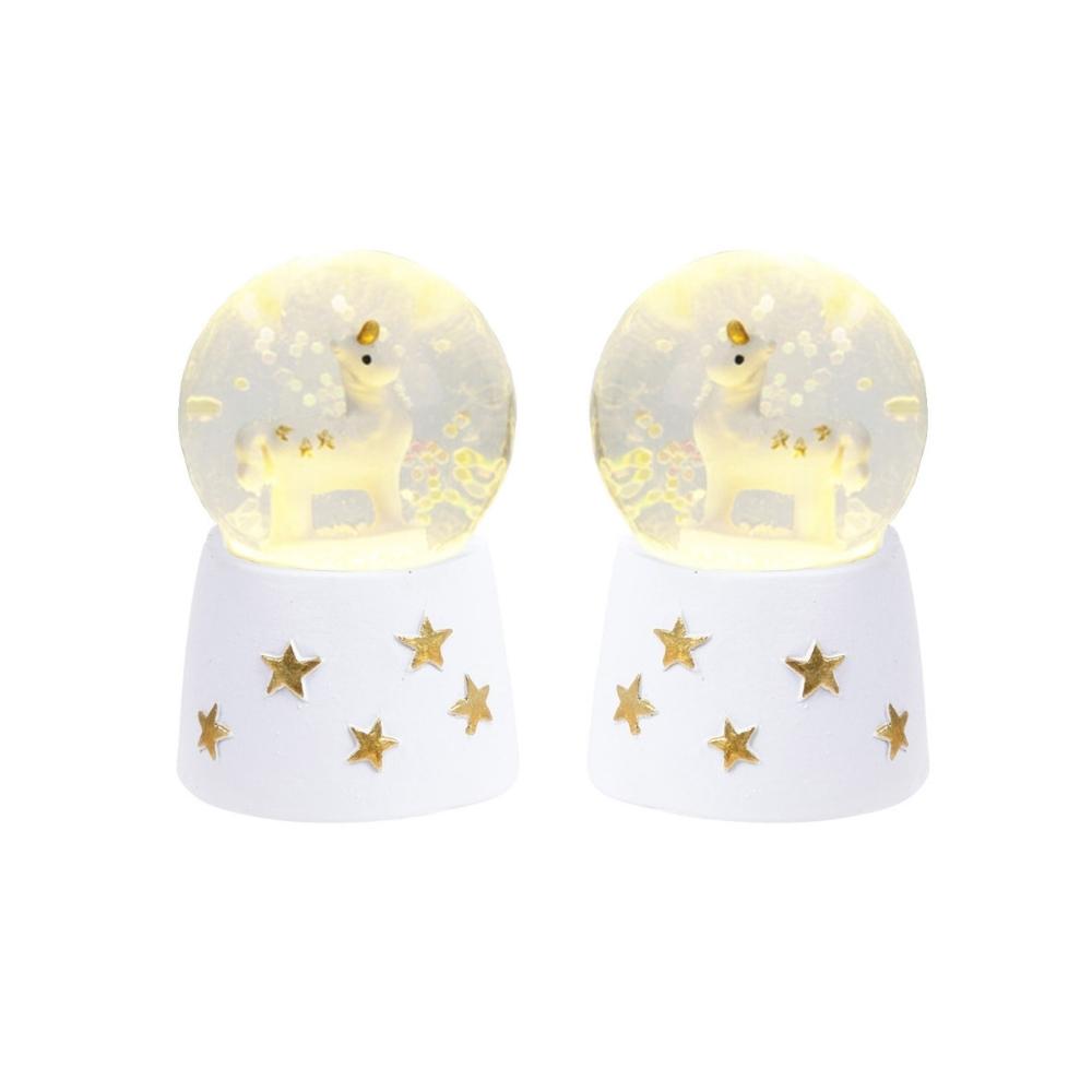 Globo de nieve Unicornio sobre base blanca con estrellas doradas y LED blanco cálido - Juego de 2